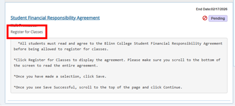Register for Classes button within the Student Financial Responsibility Agreement page